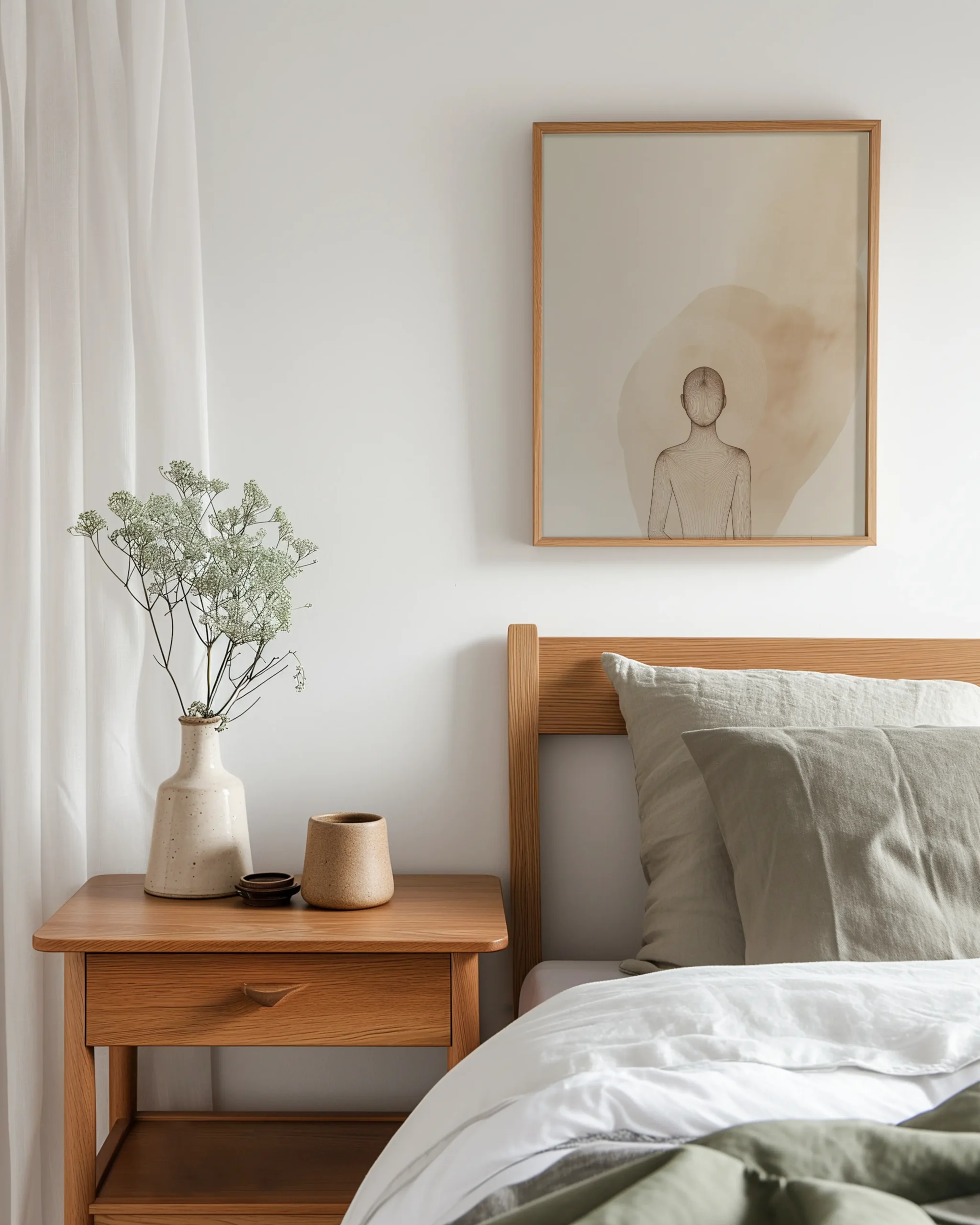 Minimalist meditation figure framed poster styled above a Japandi bedroom setup with natural wood furniture and airy neutral bedding.
