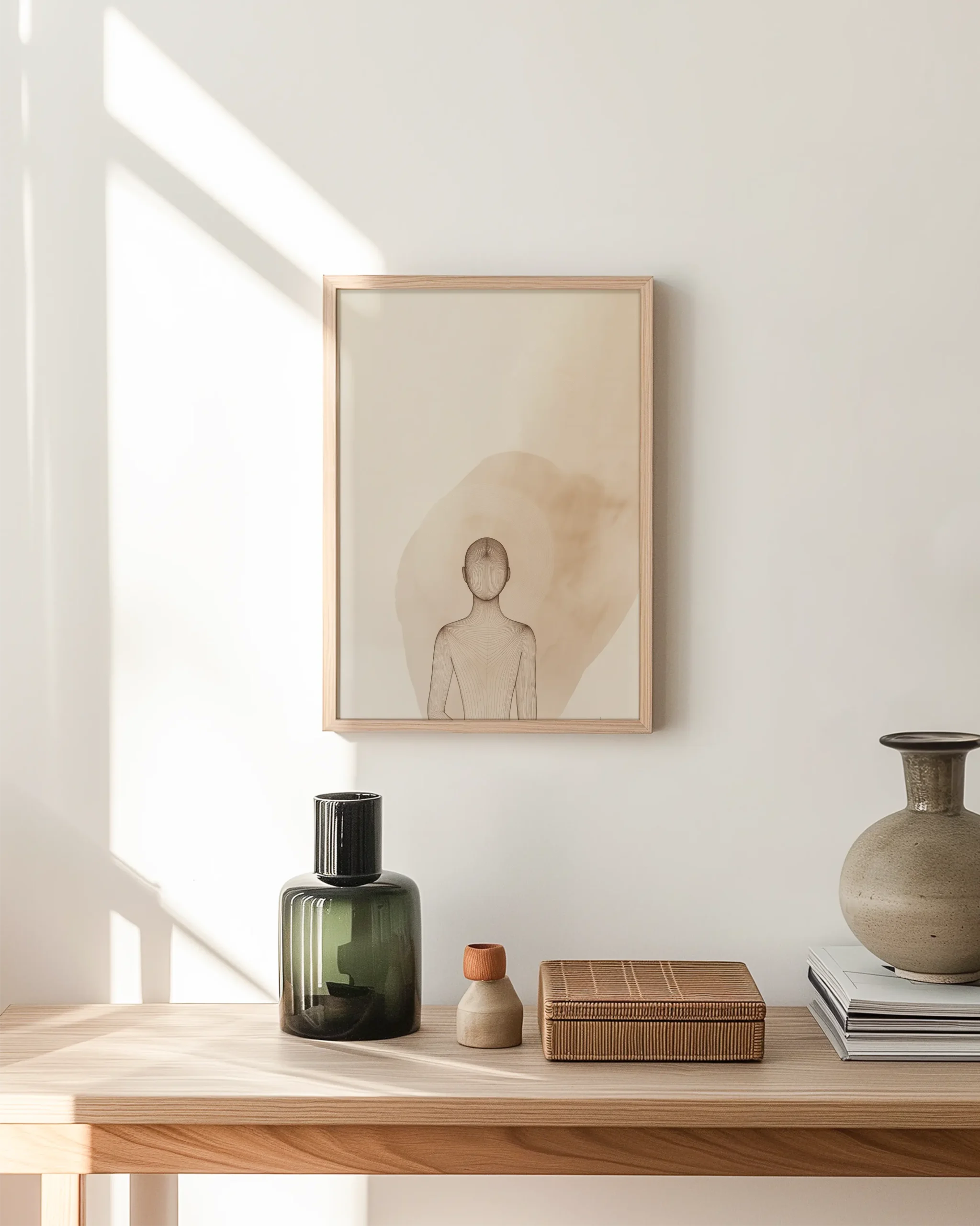Neutral Japandi framed poster in a bright hallway setting, showing a minimalist meditation figure with soft beige abstract wash.