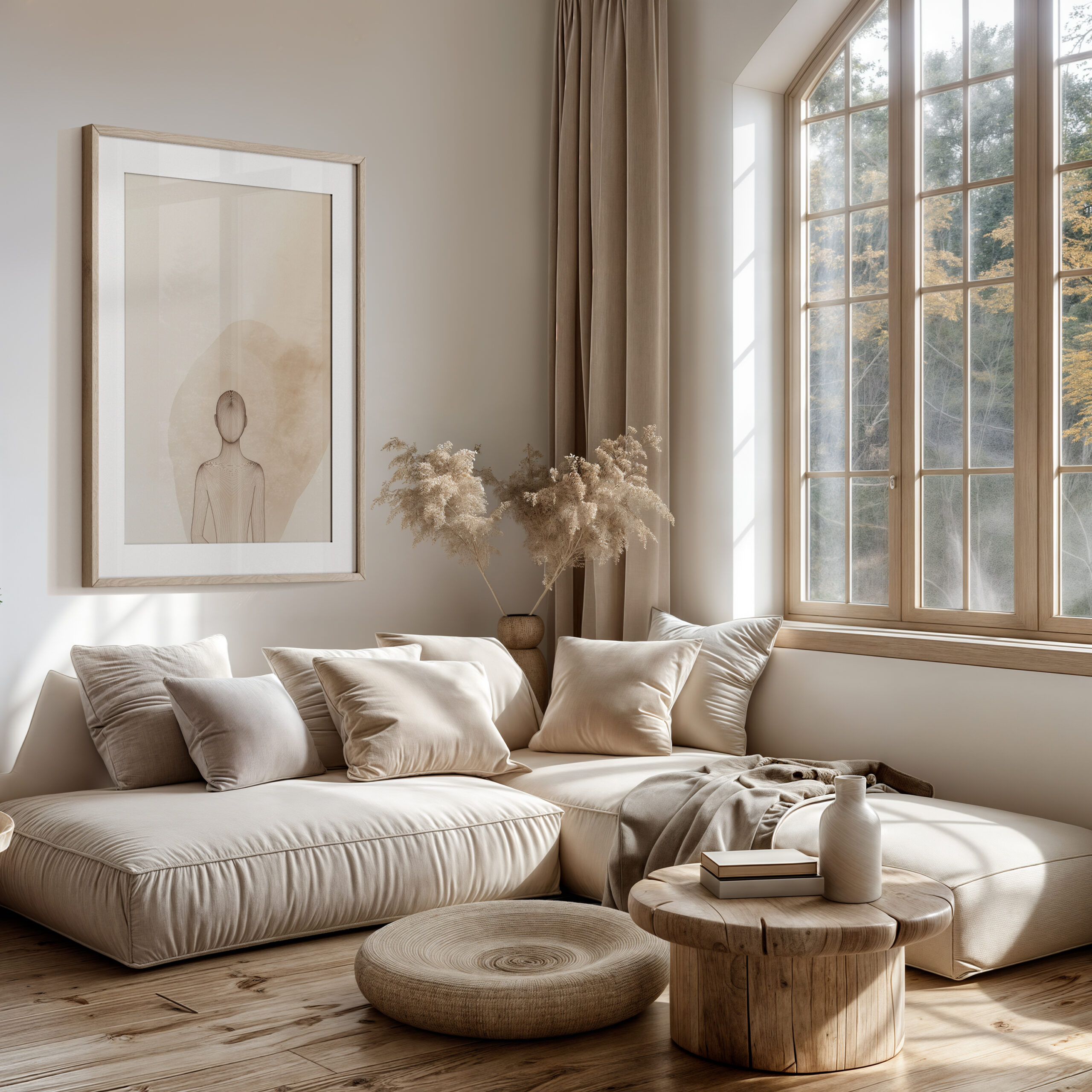 Japandi meditation wall art framed poster shown in a cozy neutral living room with soft beige decor and a minimalist meditation figure.