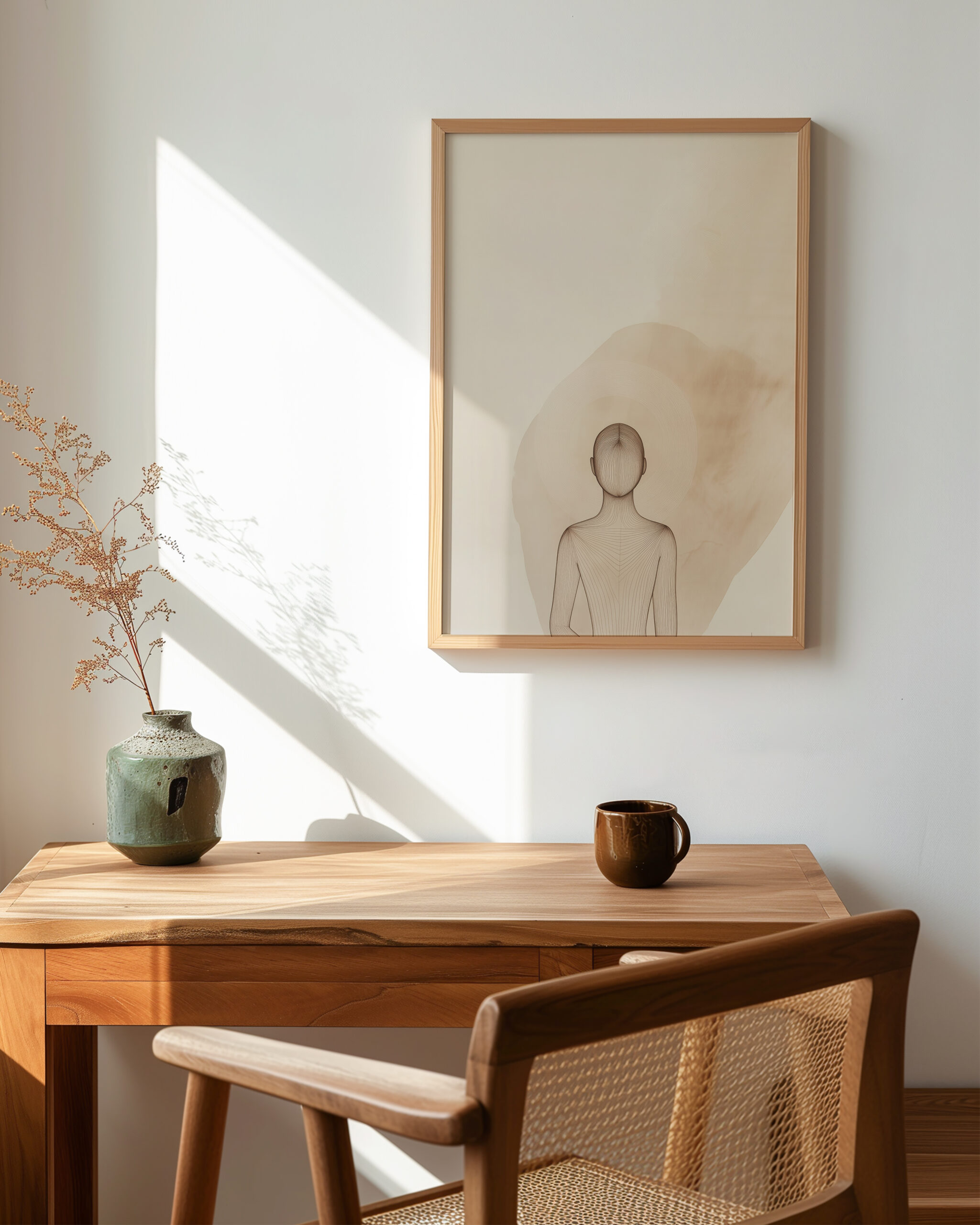 Japandi minimalist wall art framed poster displayed above a wooden desk with warm sunlight, featuring a calm meditation figure design.