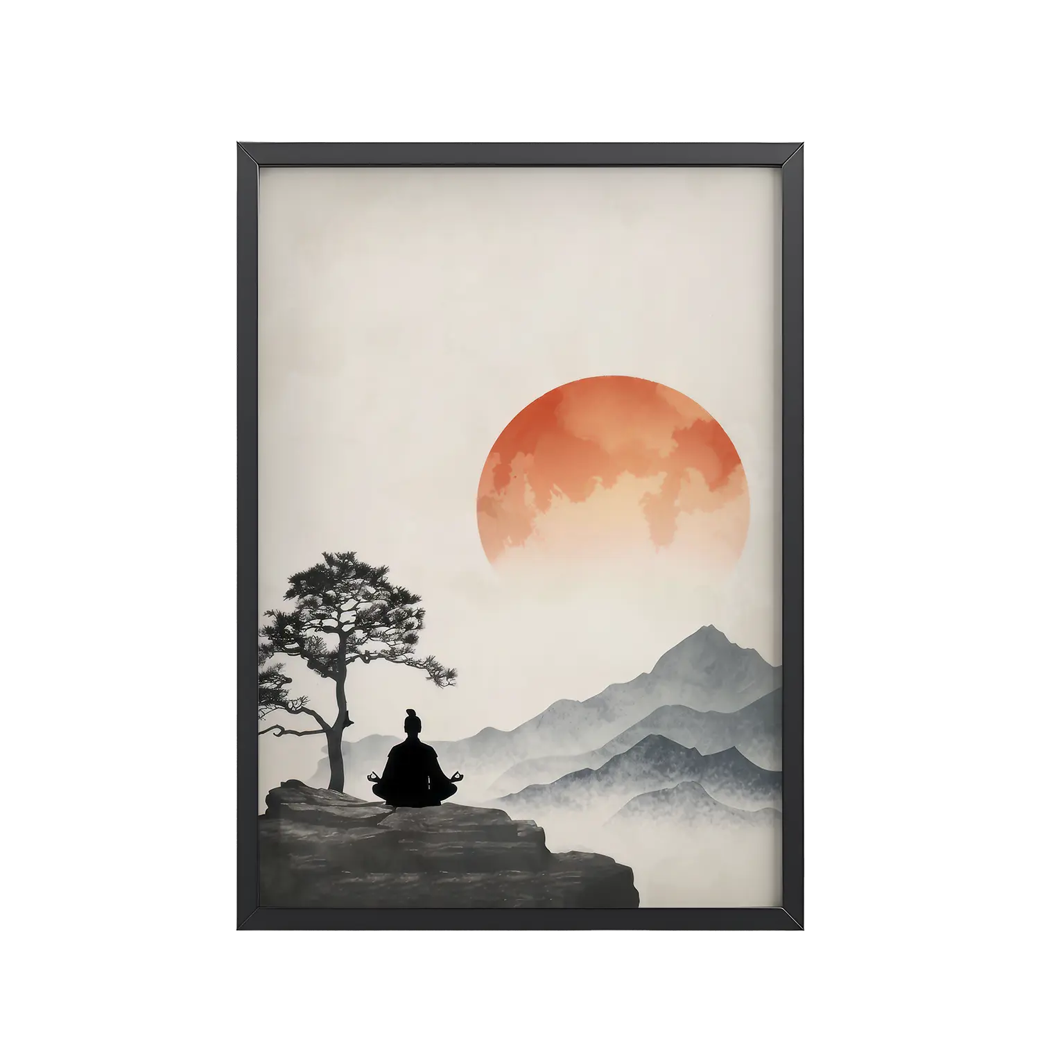 Minimal Red Sun At Dawn — Japanese Mountain Wall Art — Framed Poster