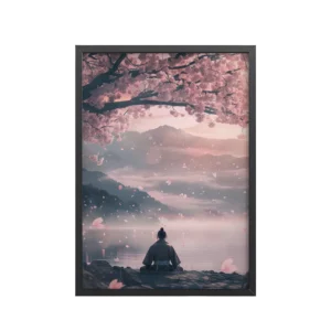 Sakura Reverie – Meditation by The Lake Cherry Blossoms in the Mountain Mist Wall Decor – Framed Poster