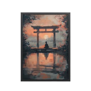 Torii Reflections at Dusk – Evening Glow and Still Waters Wall Decor – Framed Poster