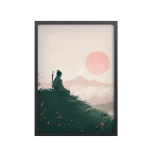 Samurai at Dawn – Pink Sun Over Hills Quiet Strength at Daybreak Wall Decor – Framed Poster