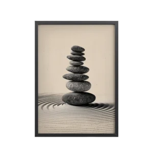 Balanced Stillness – Stacked Stones I Neutral Zen Stones Wall Art – Framed Poster