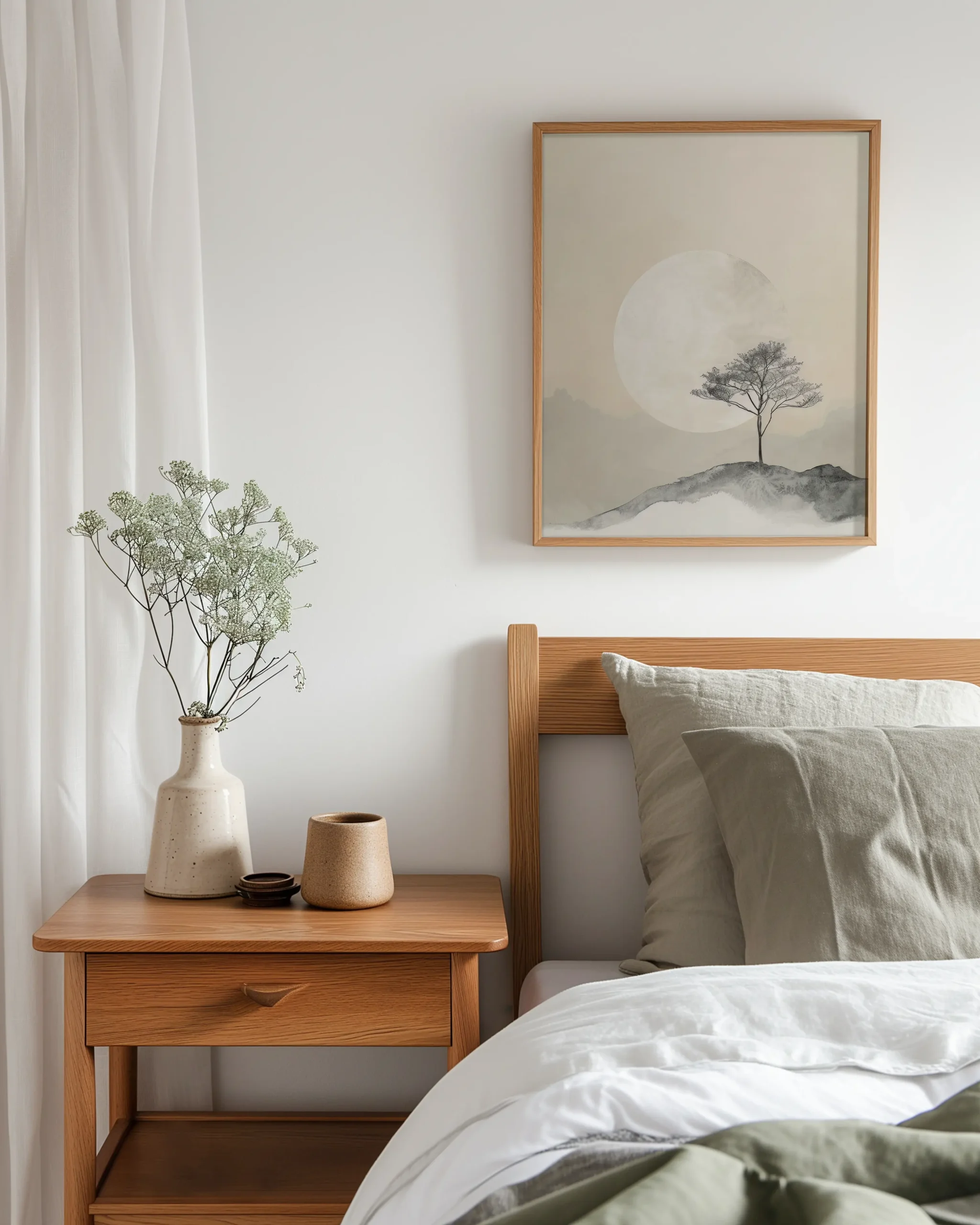 Minimal Japandi framed poster with a pale moon and lone tree styled above a bed in a calm neutral bedroom setting.