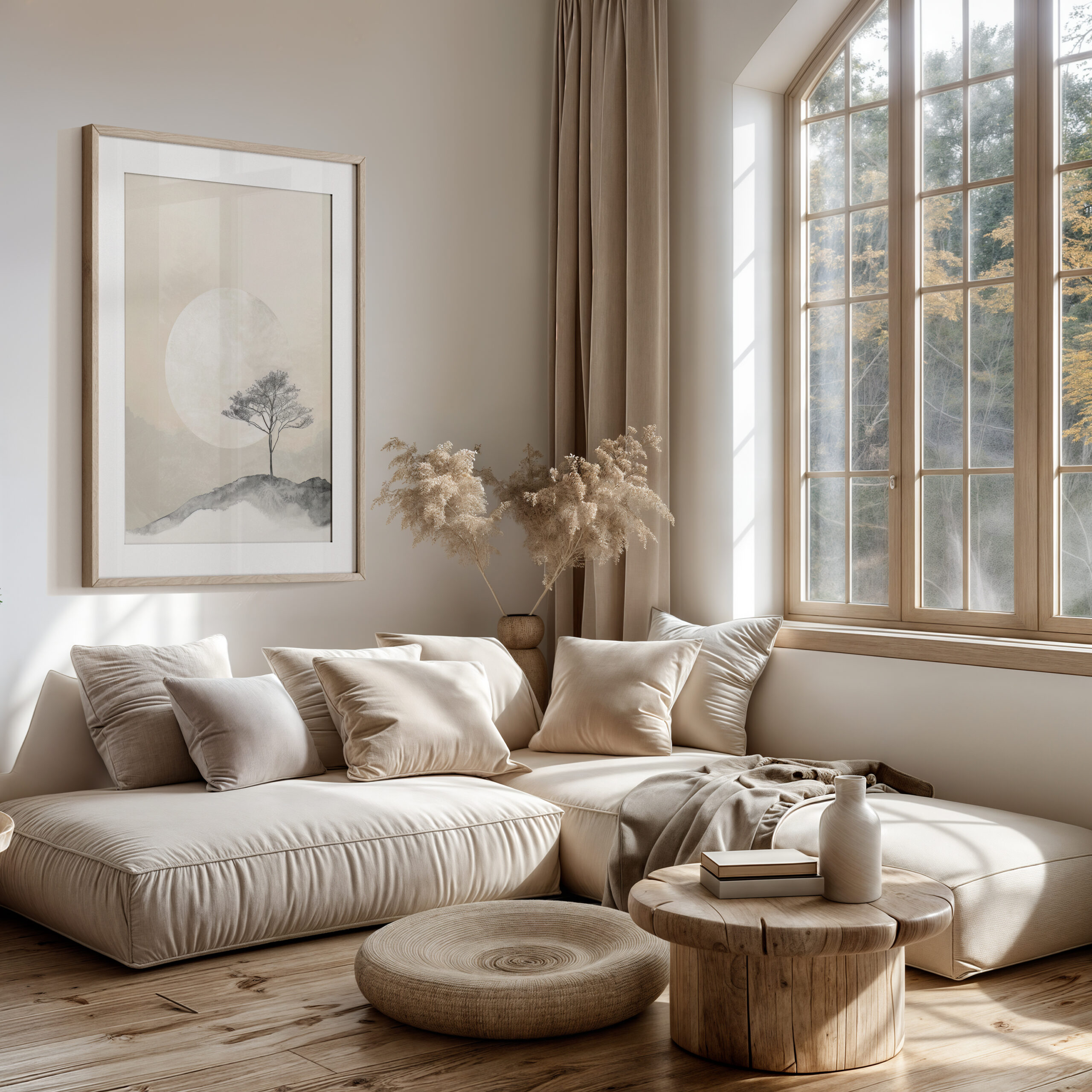 Japandi wall art framed poster with a pale moon and lone tree shown on a bright living room wall with neutral sofa and soft textiles.