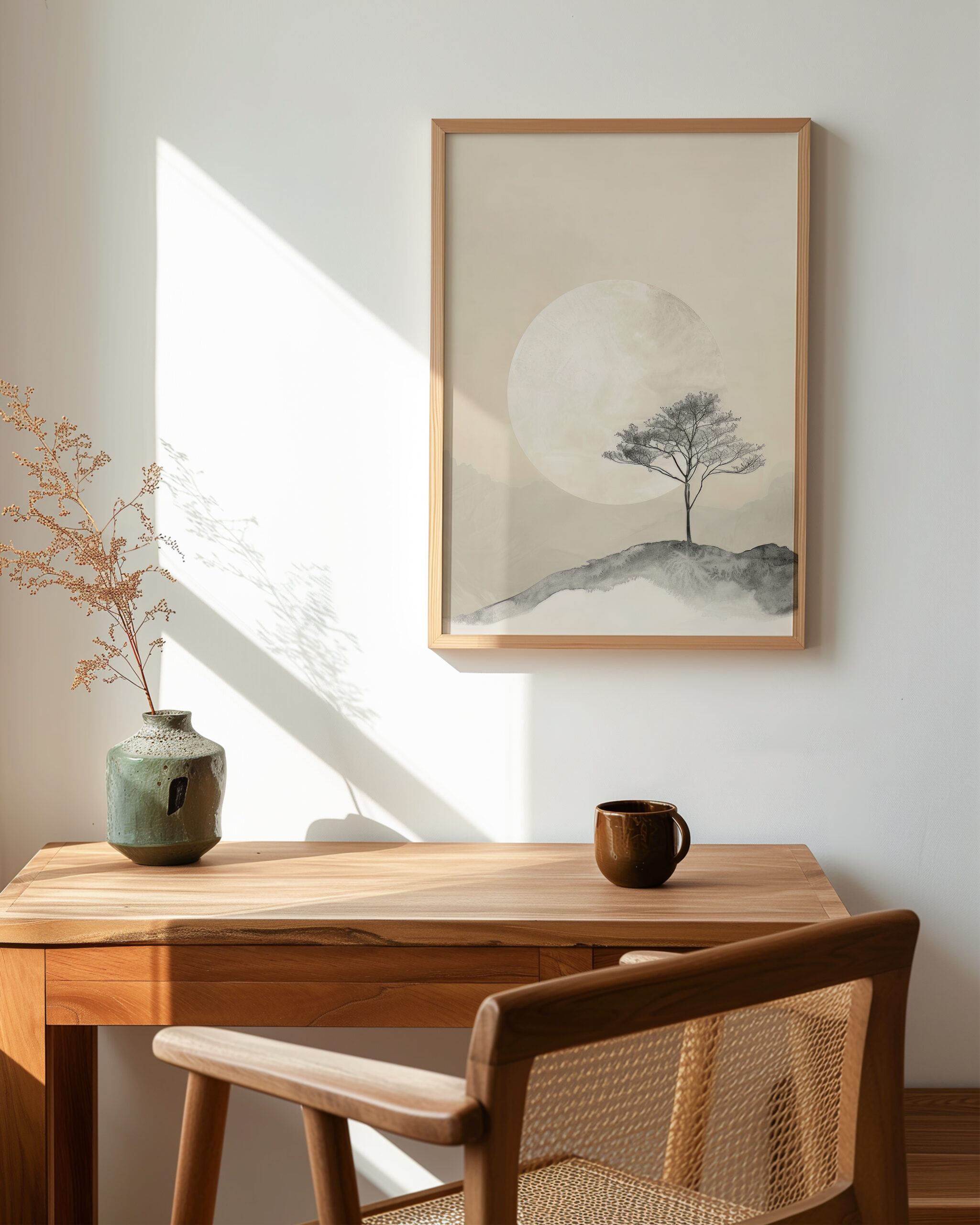 Framed Japandi minimalist landscape print with a moonlit lone tree displayed above a wooden desk in warm natural light.