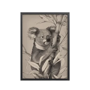 Koala Bamboo II — Detailed Koala Illustration with Bamboo Leaves Wall Decor — Framed Poster
