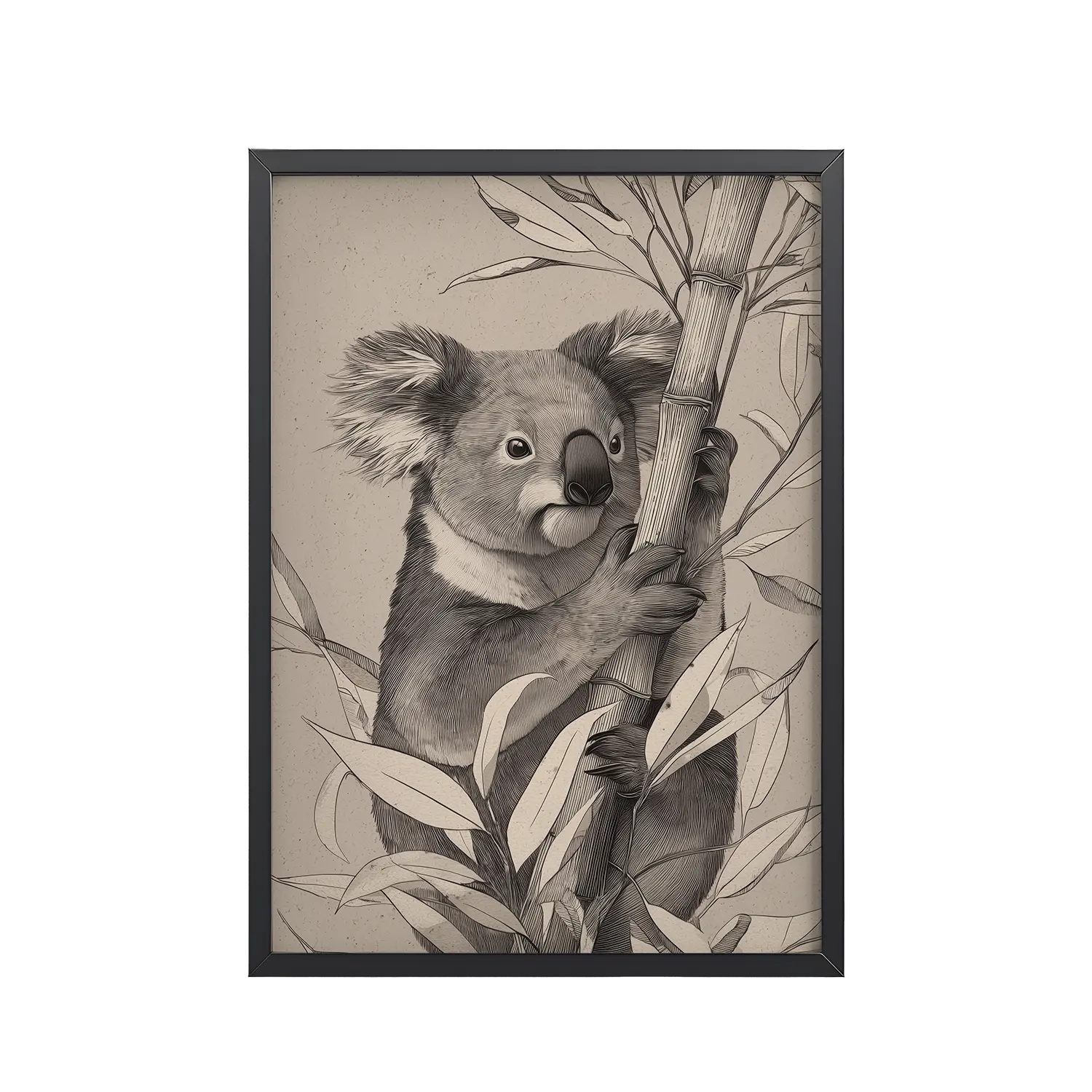 Koala Bamboo II — Detailed Koala Illustration with Bamboo Leaves Wall Decor — Framed Poster