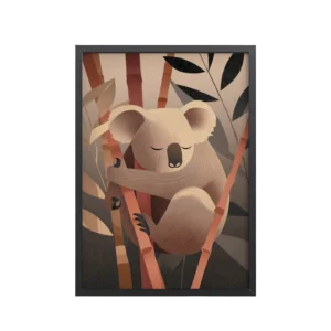 Koala Dreams in Bamboo — Minimal Sleeping Koala in Warm Tones Wall Decor — Framed Poster