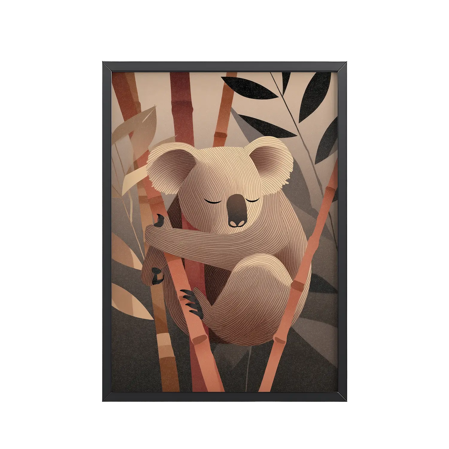 Koala Dreams in Bamboo — Minimal Sleeping Koala in Warm Tones Wall Decor — Framed Poster