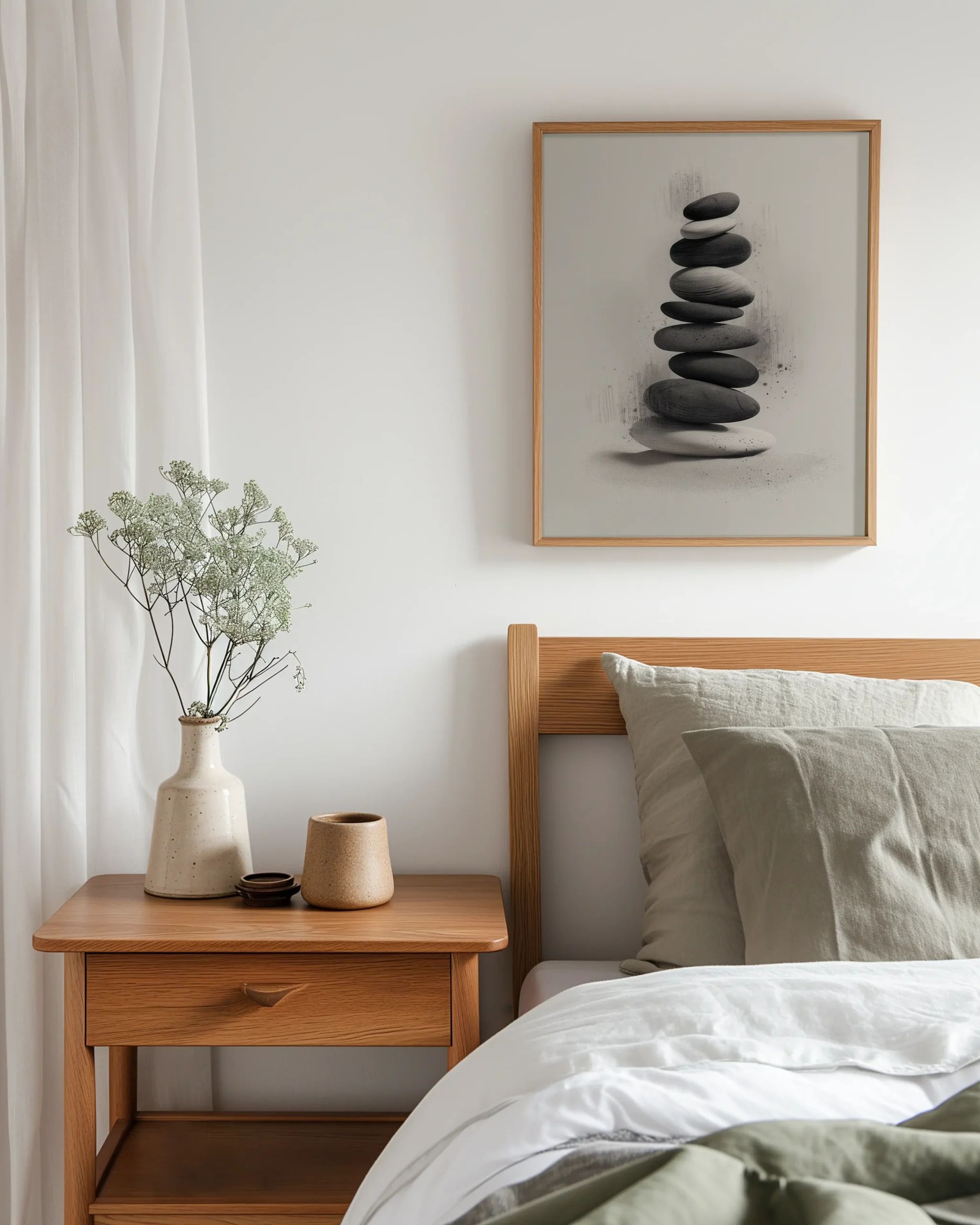 Balanced Stillness monochrome stacked stones zen framed wall art above a bed in a Japandi bedroom
