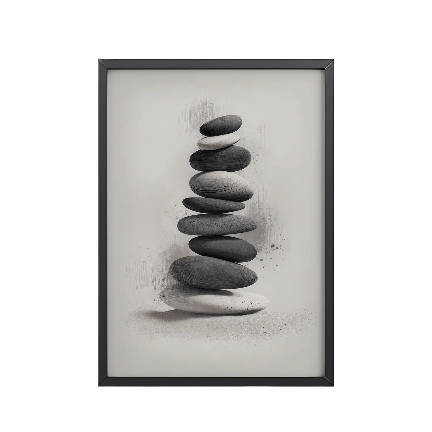 Balanced Stillness – Stacked Stones II Modern Monochrome Zen Wall Art – Framed Poster