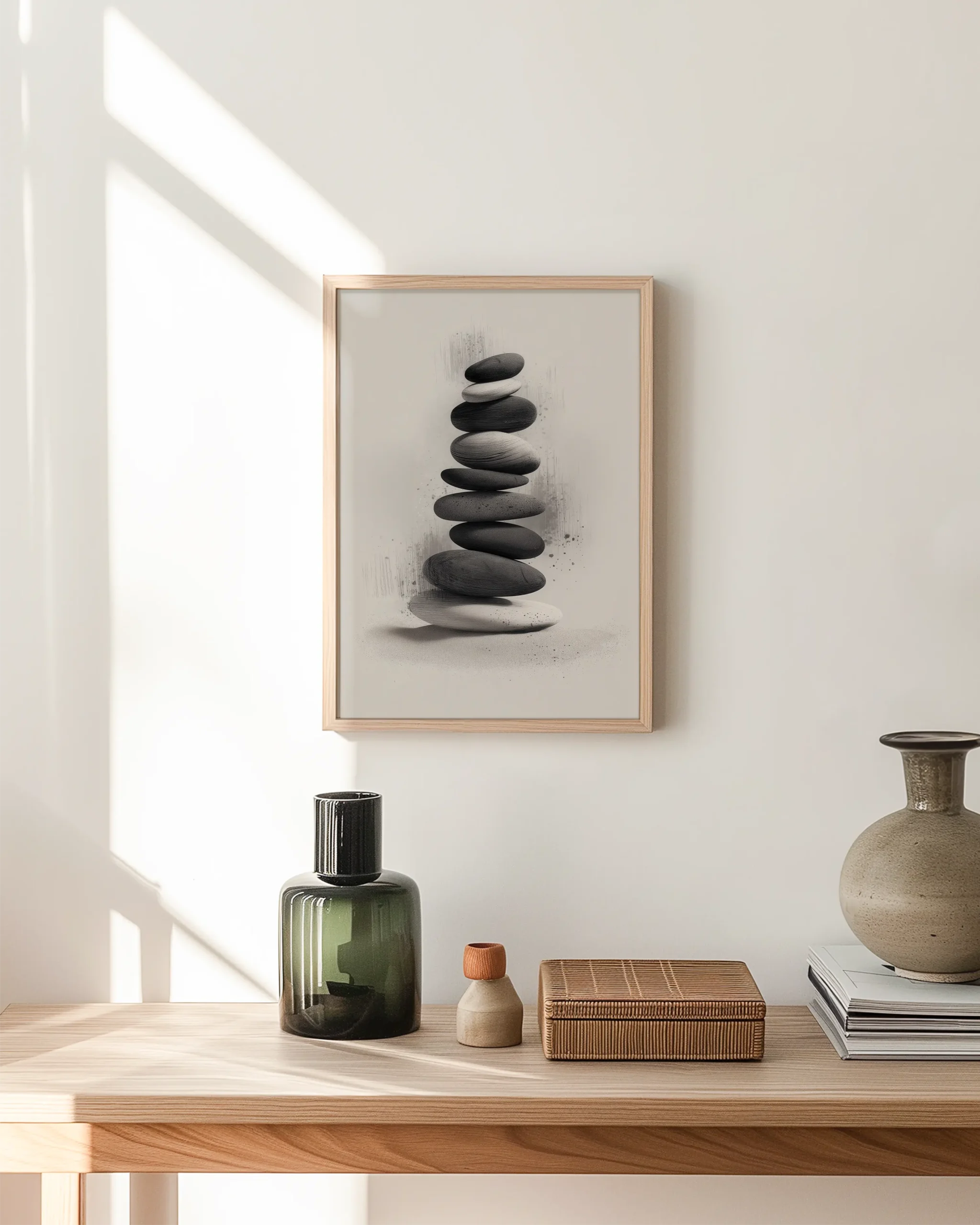 Balanced Stillness stacked stones zen framed poster styled in a minimal hallway with neutral Japandi decor