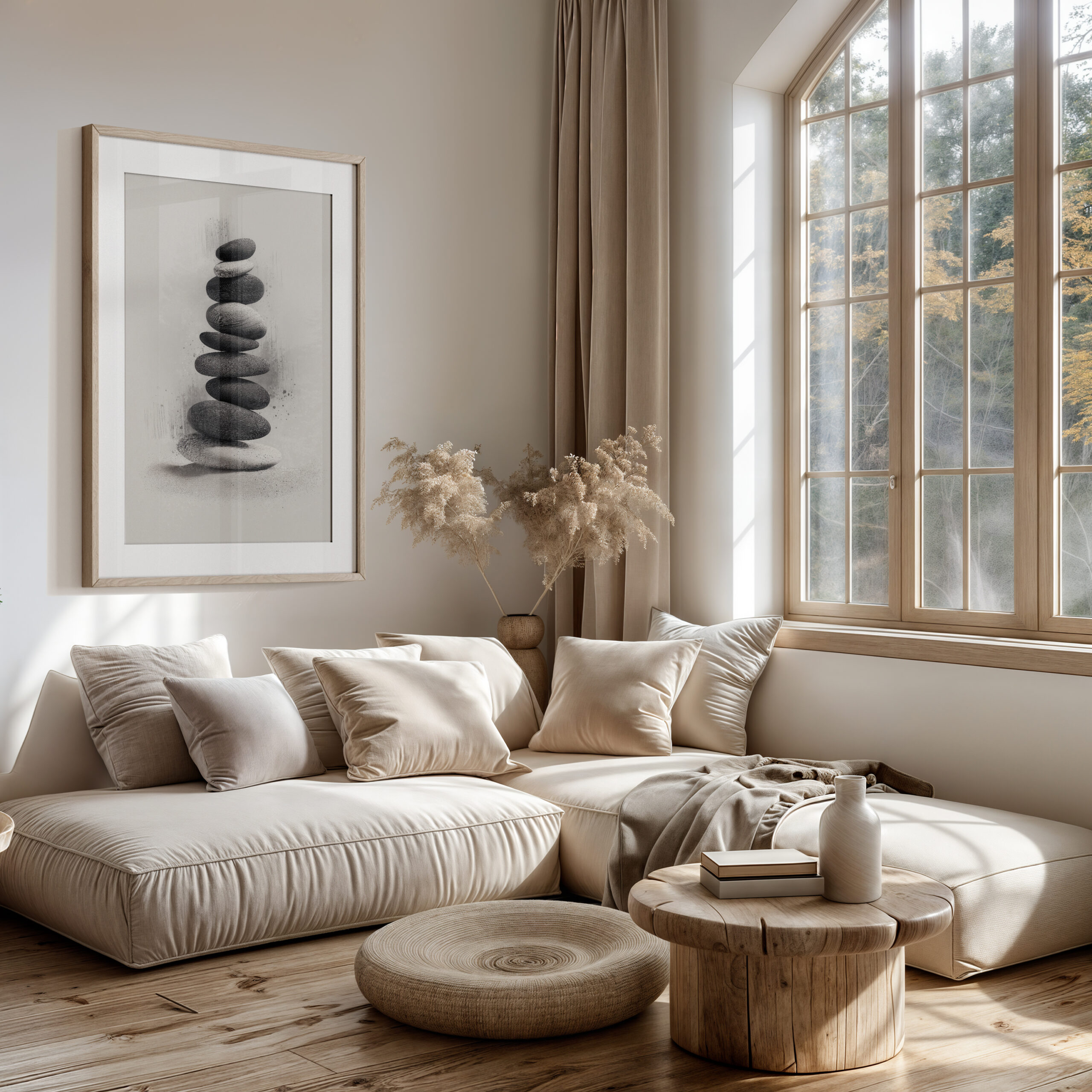 Balanced Stillness stacked stones monochrome zen wall art framed poster hanging in a Japandi living room