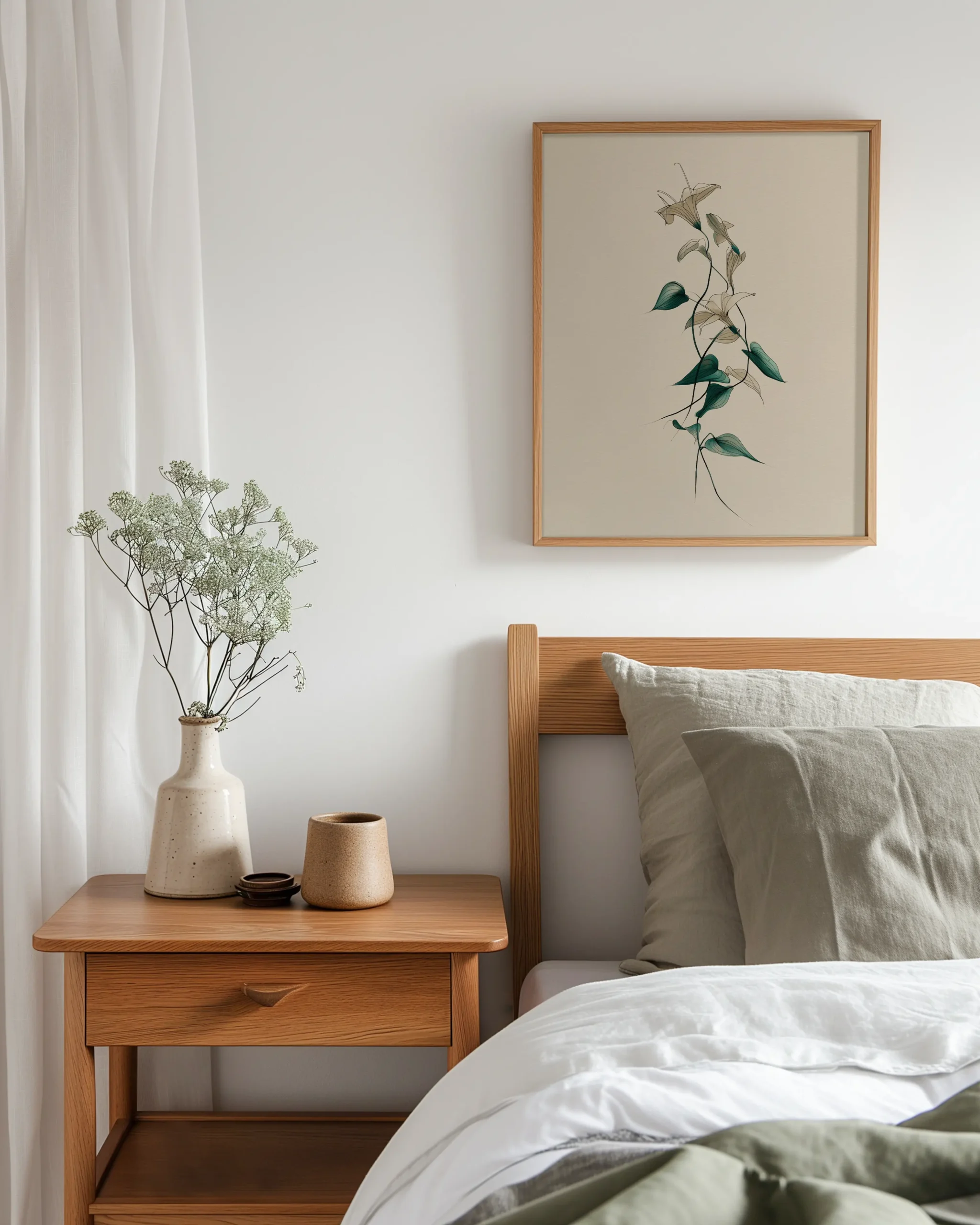 Minimal lily line art with teal leaves on beige background in a wooden frame, styled above a bed in a bright Japandi bedroom.