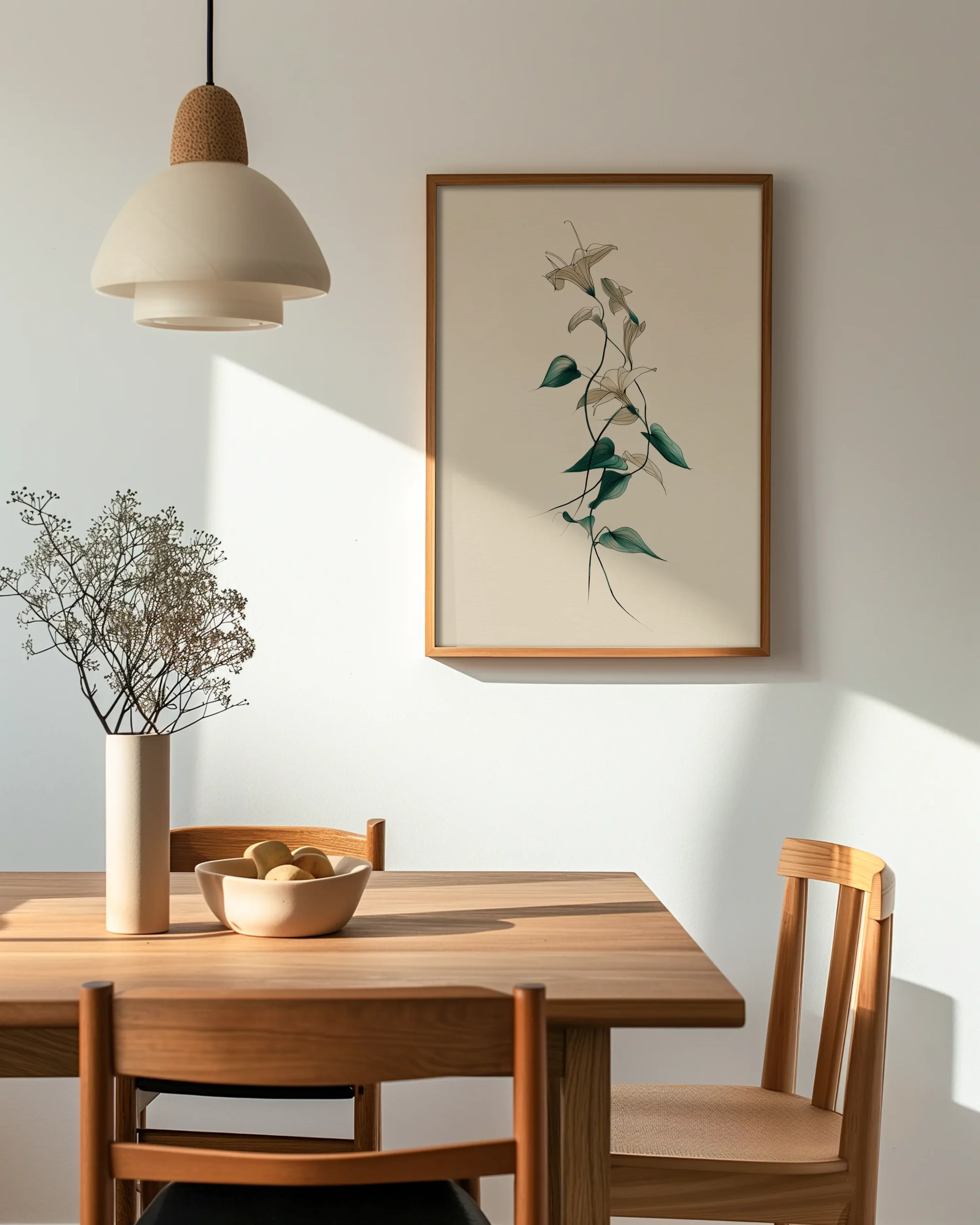 Japandi floral line art lilies with teal leaves on beige background, framed poster above a wooden dining table in a bright minimalist dining room.