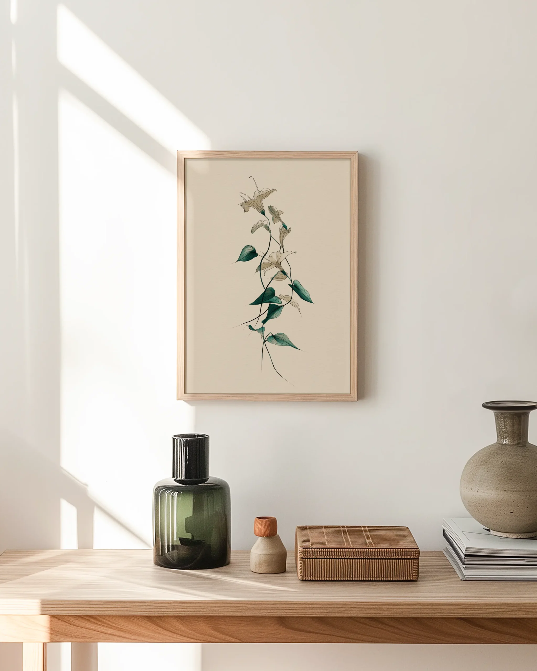 Vertical lily line art with teal leaves on beige background in a wood frame, styled on a bright minimalist hallway wall with soft sunlight.