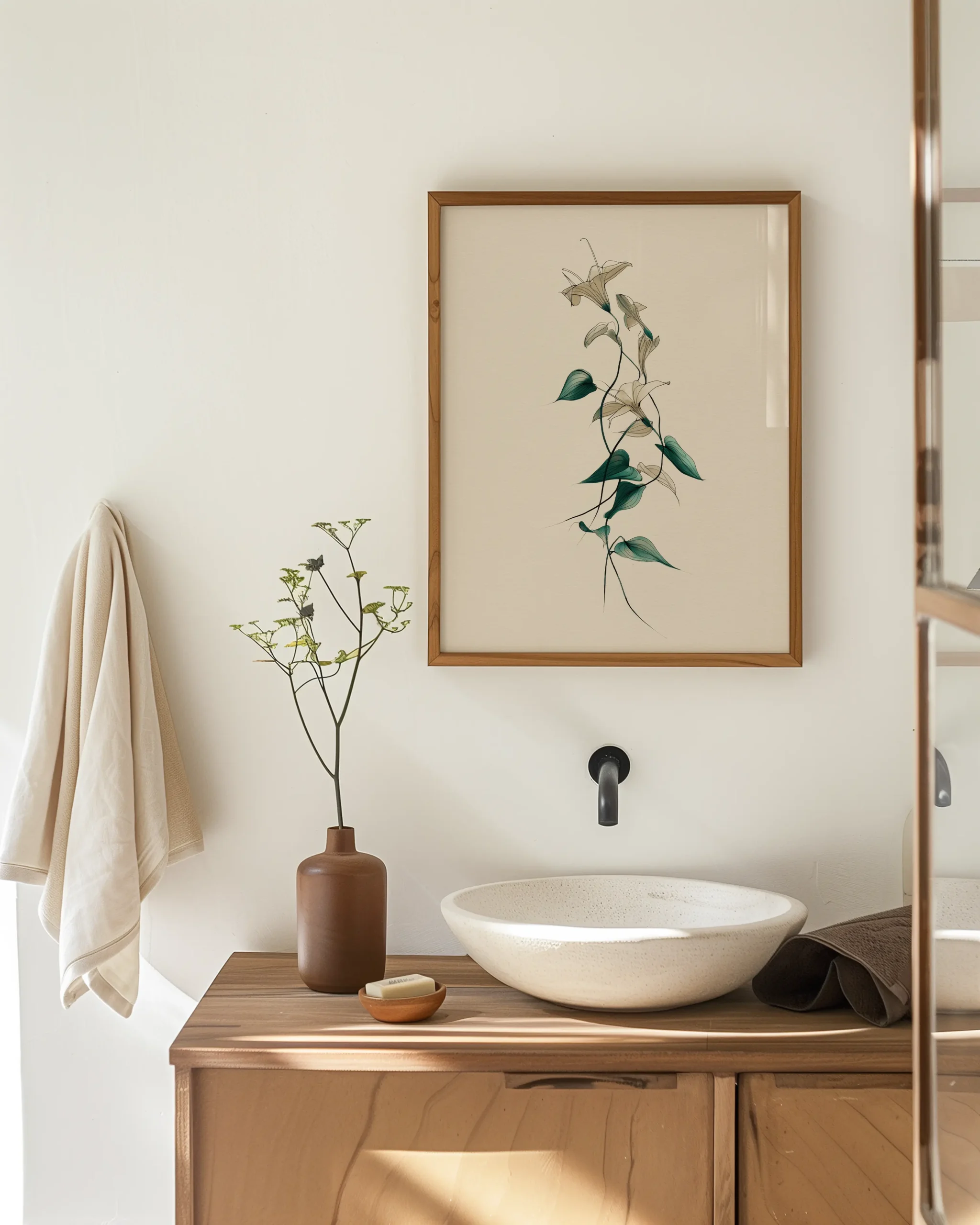 Japandi lily line art with teal leaves on beige background in a wood frame, styled above a modern bathroom sink vanity.