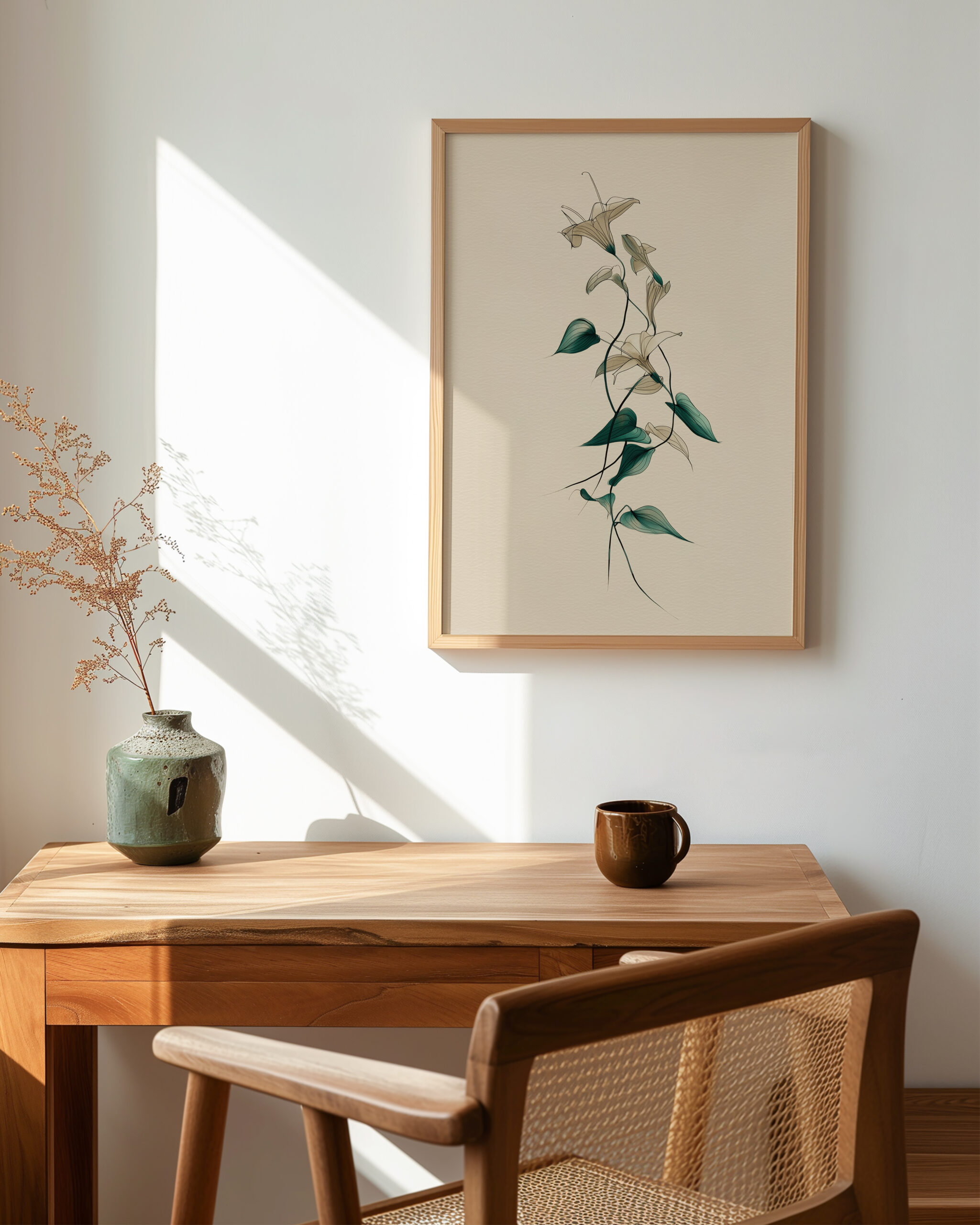 Minimal lily line art with teal leaves on beige background in a wood frame, styled above a wooden desk in a bright minimalist workspace.