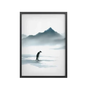 Lone Penguin Mist I — Minimal Misty Mountains with Penguin Wall Decor — Framed Poster