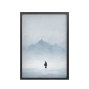 Lone Penguin Mist II — Solitary Penguin in Foggy Landscape Wall Art — Framed Poster