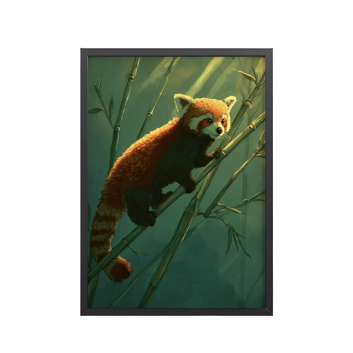 Bamboo Climber — Red Panda in Lush Green Bamboo Wall Decor — Framed Poster