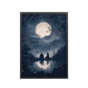 Midnight Reflections — Moonlit Lake Sakura Wall Art — Framed Poster