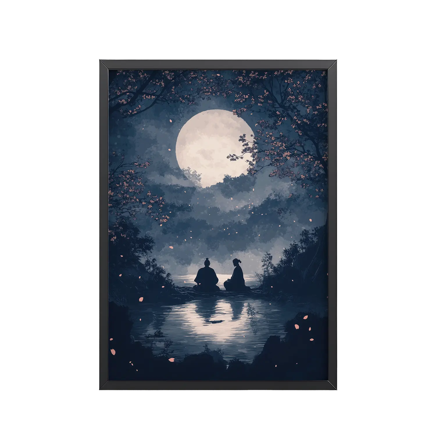 Midnight Reflections — Moonlit Lake Sakura Wall Art — Framed Poster