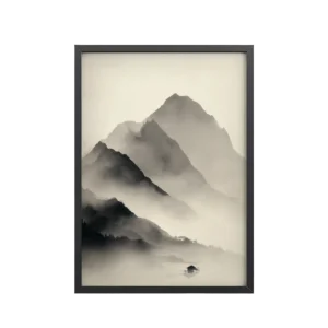 Misty Mountain Layers — Neutral Japandi Landscape Wall Art — Framed Poster