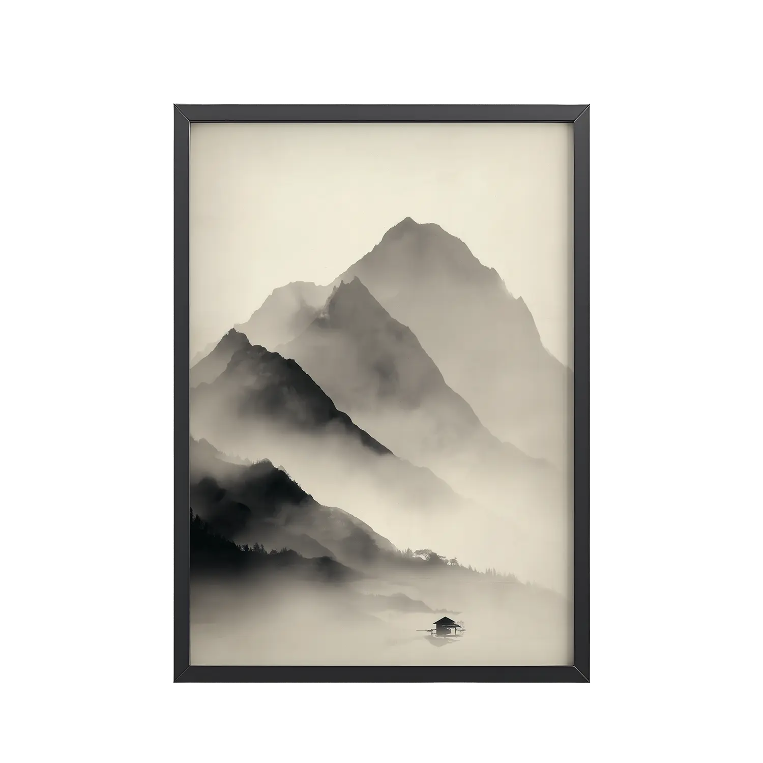 Misty Mountain Layers — Neutral Japandi Landscape Wall Art — Framed Poster