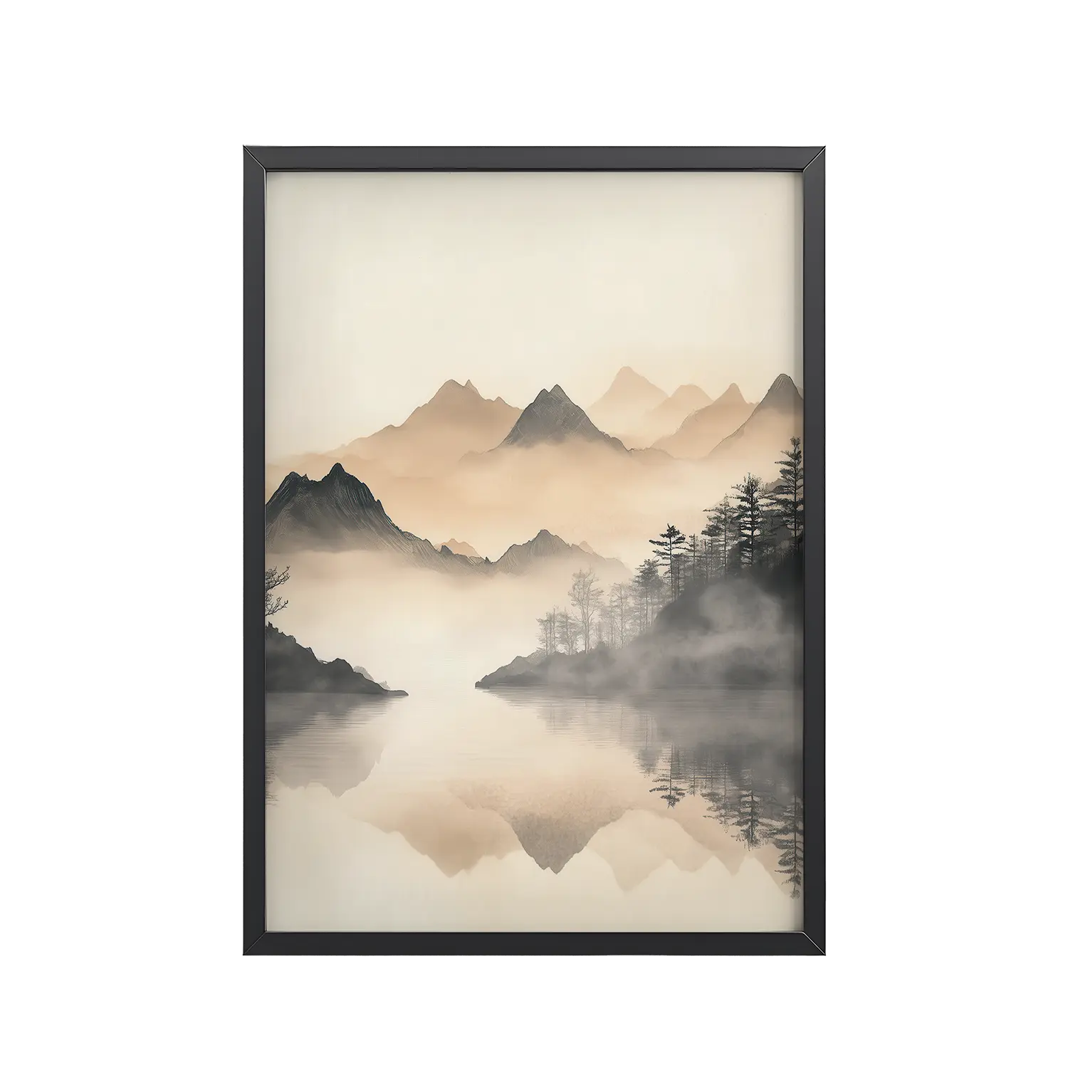 Misty Mountain Reflection — Japandi Lake Landscape Wall Decor — Framed Poster