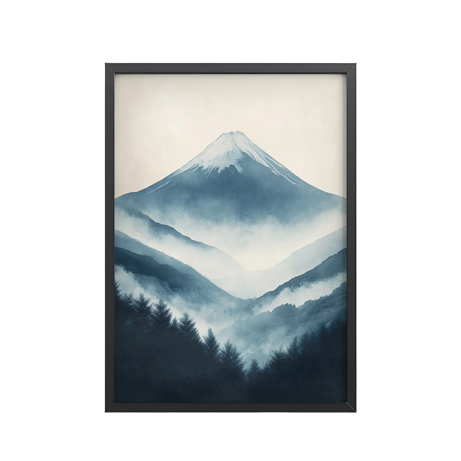 Misty Peaks — Indigo Japandi Mountain Wall Art — Framed Poster