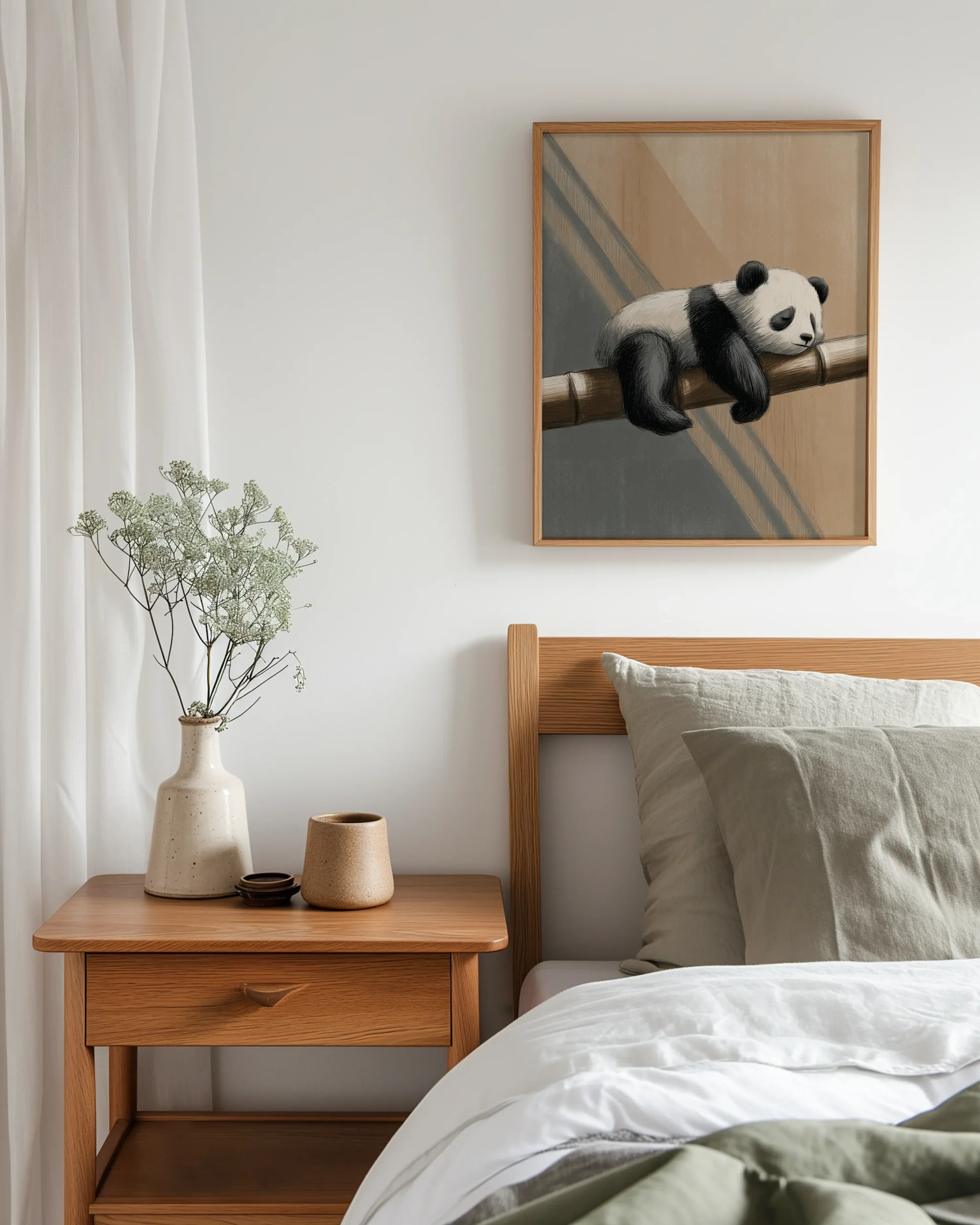 Japandi bedroom mockup with a framed poster of a sleeping panda resting on bamboo, warm beige background and soft black accents.