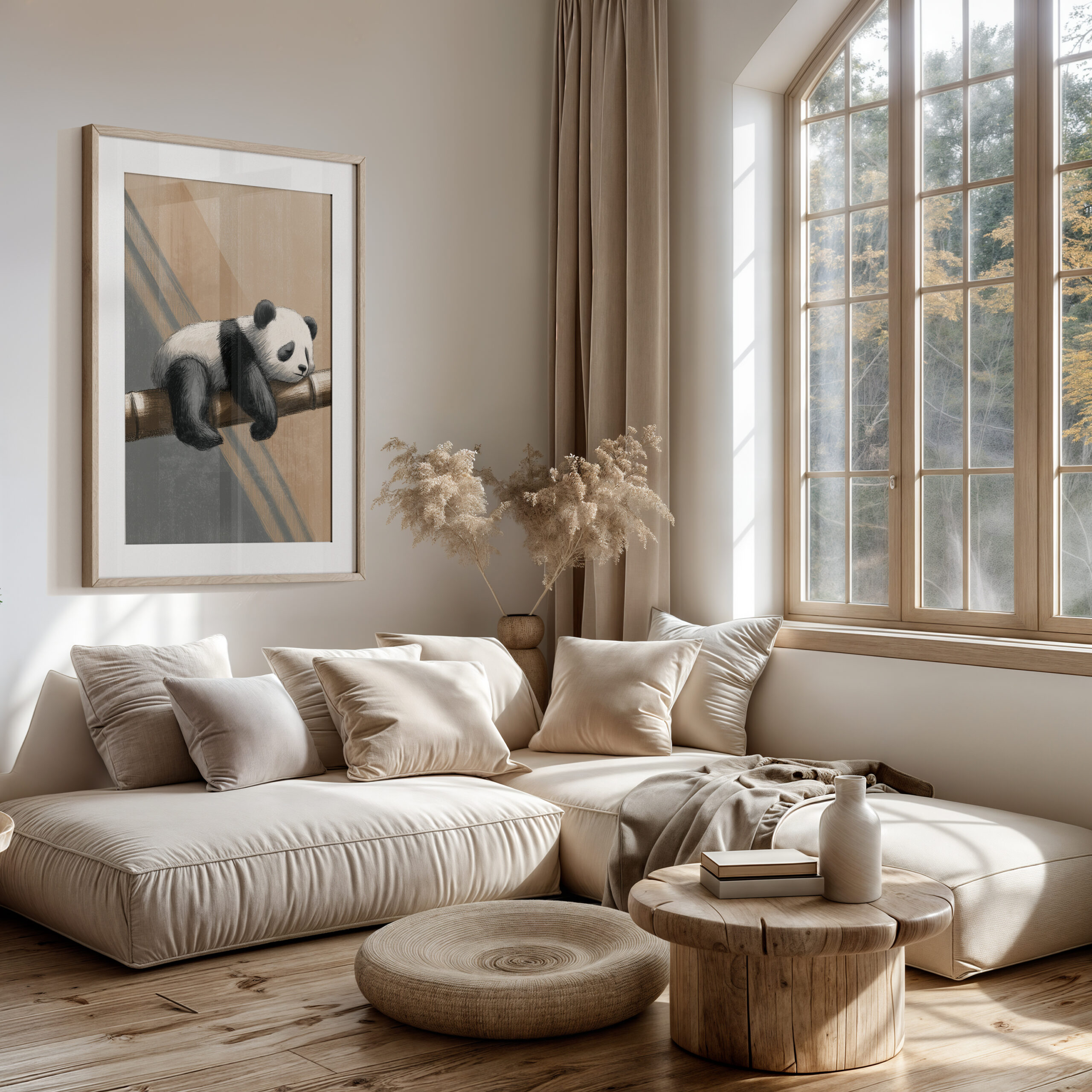 Japandi framed poster of a sleeping panda resting on a bamboo branch in warm neutral tones, styled in a bright living room.