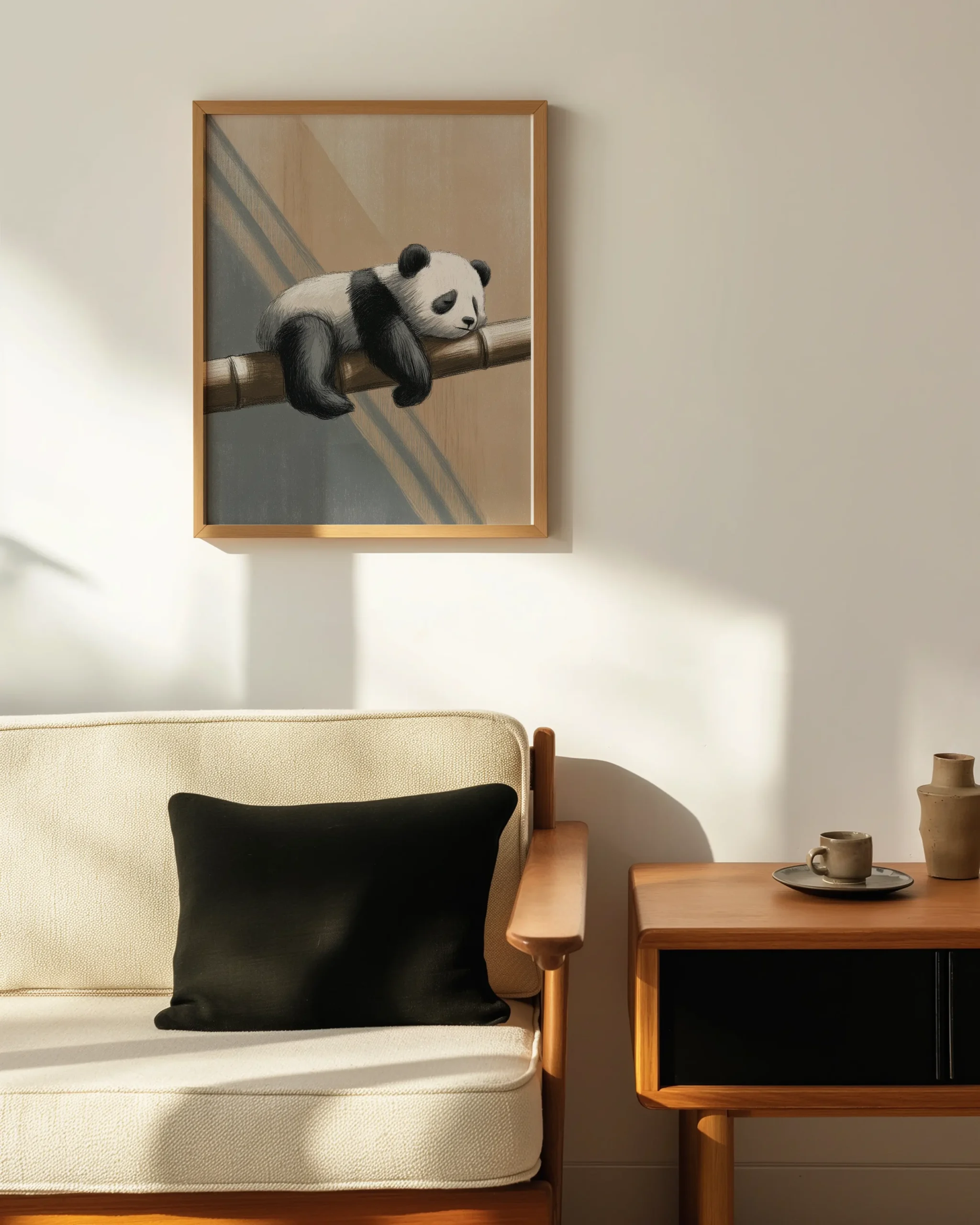 Framed wall art showing a sleeping panda draped over a bamboo branch in neutral Japandi colors, displayed above a sofa in a living room.