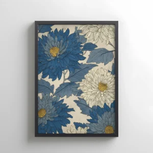 Mixed Chrysanthemums vintage floral pattern artwork in black frame, blue and cream chrysanthemum illustration