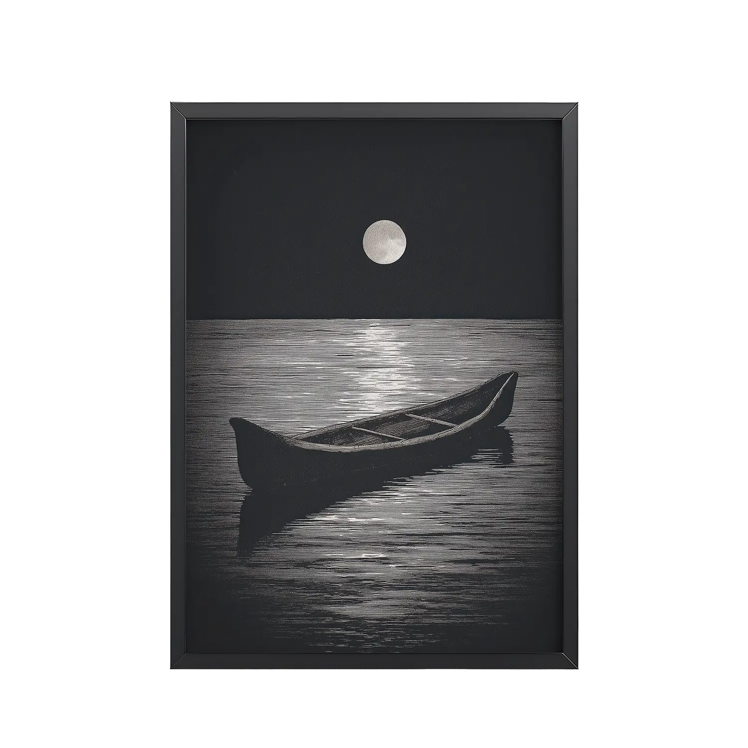 Moonlit Canoe II — Minimal Silver Moon Night Wall Art — Framed Poster