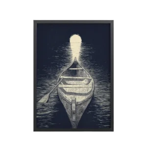 Moonlit Canoe — Woodcut Night Lake Wall Art — Framed Poster