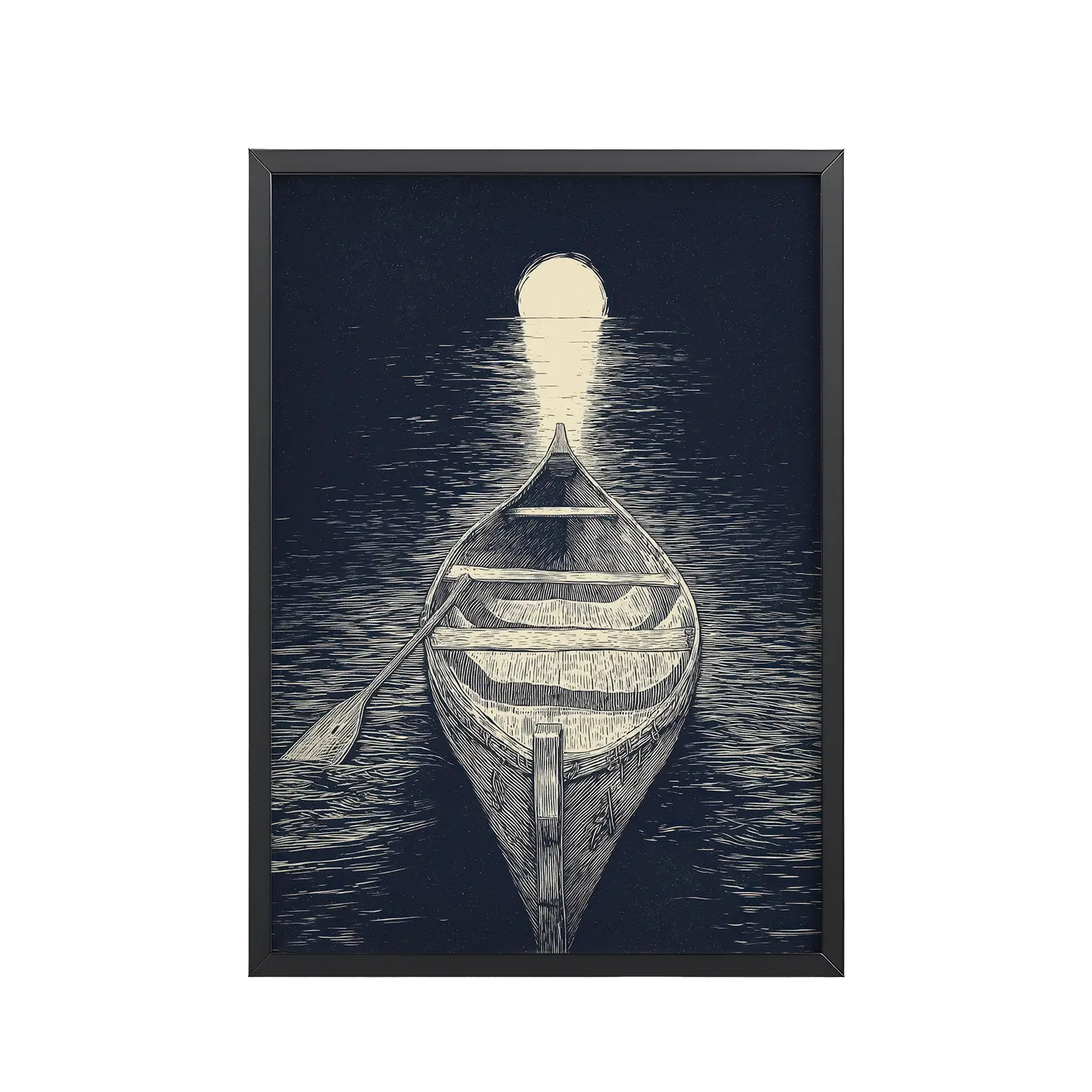 Moonlit Canoe — Woodcut Night Lake Wall Art — Framed Poster