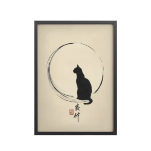Moonlit Cat — Minimal Cat with Enso Circle in Black Ink Wall Art — Framed Poster