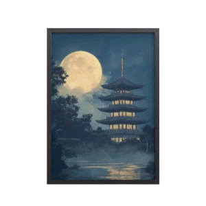 Moonlit Pagoda — Japanese Temple, Night Landscape Wall Art — Framed Poster