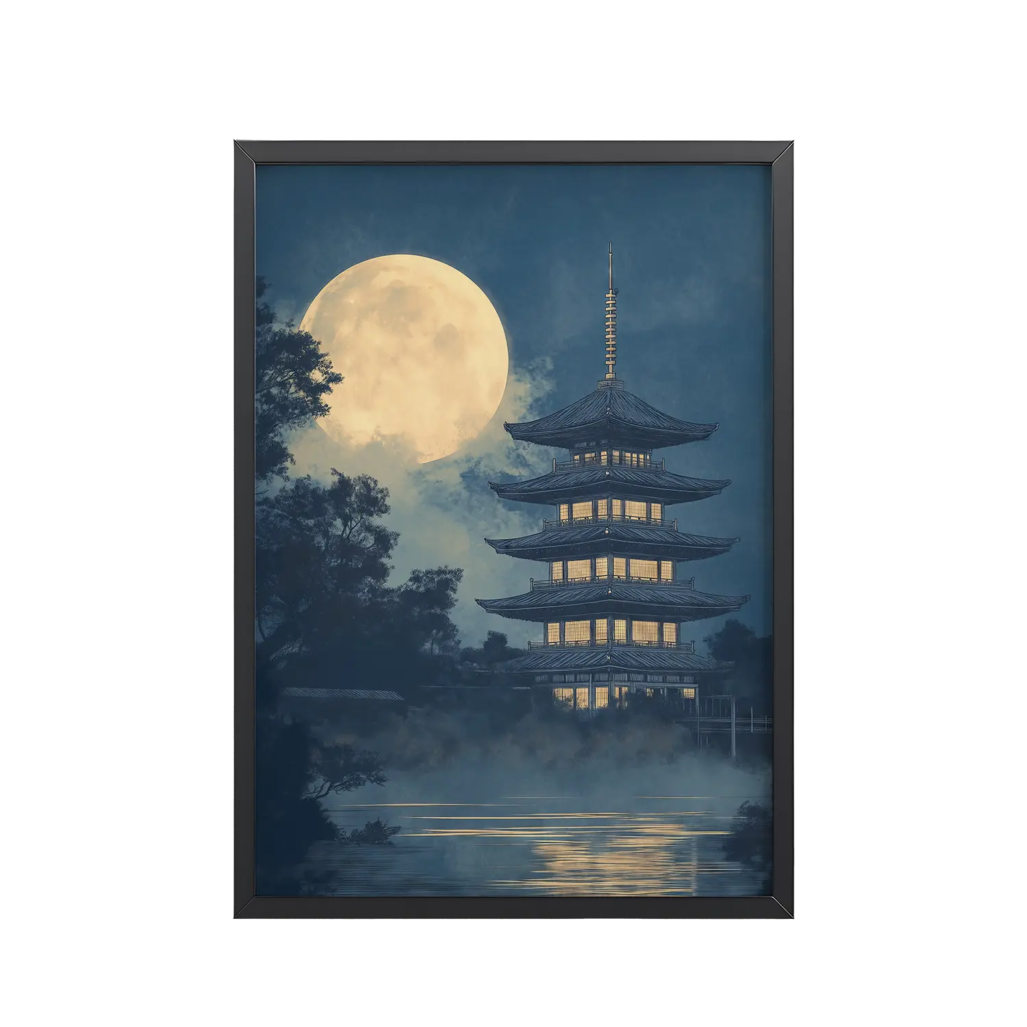 Moonlit Pagoda — Japanese Temple, Night Landscape Wall Art — Framed Poster