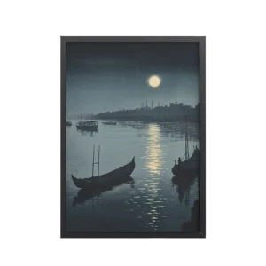 Moonlit Reflection Sumida — River Boats, Nocturne Japanese Landscape Wall Art — Framed Poster