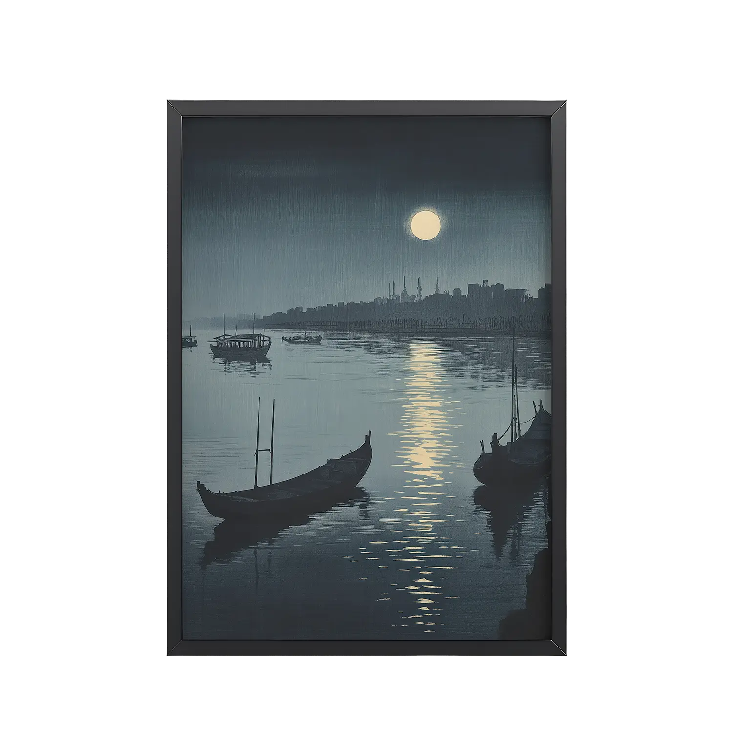 Moonlit Reflection Sumida — River Boats, Nocturne Japanese Landscape Wall Art — Framed Poster