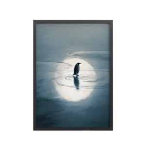 Moonlit Reflection — Penguin Standing on Ice in Cool Blues Wall Decor — Framed Poster