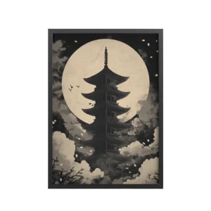 Moonlit Zen Pagoda — Monochrome Pagoda, Japanese Night Wall Art — Framed Poster