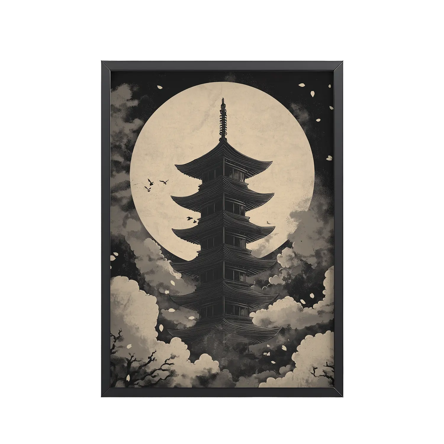 Moonlit Zen Pagoda — Monochrome Pagoda, Japanese Night Wall Art — Framed Poster