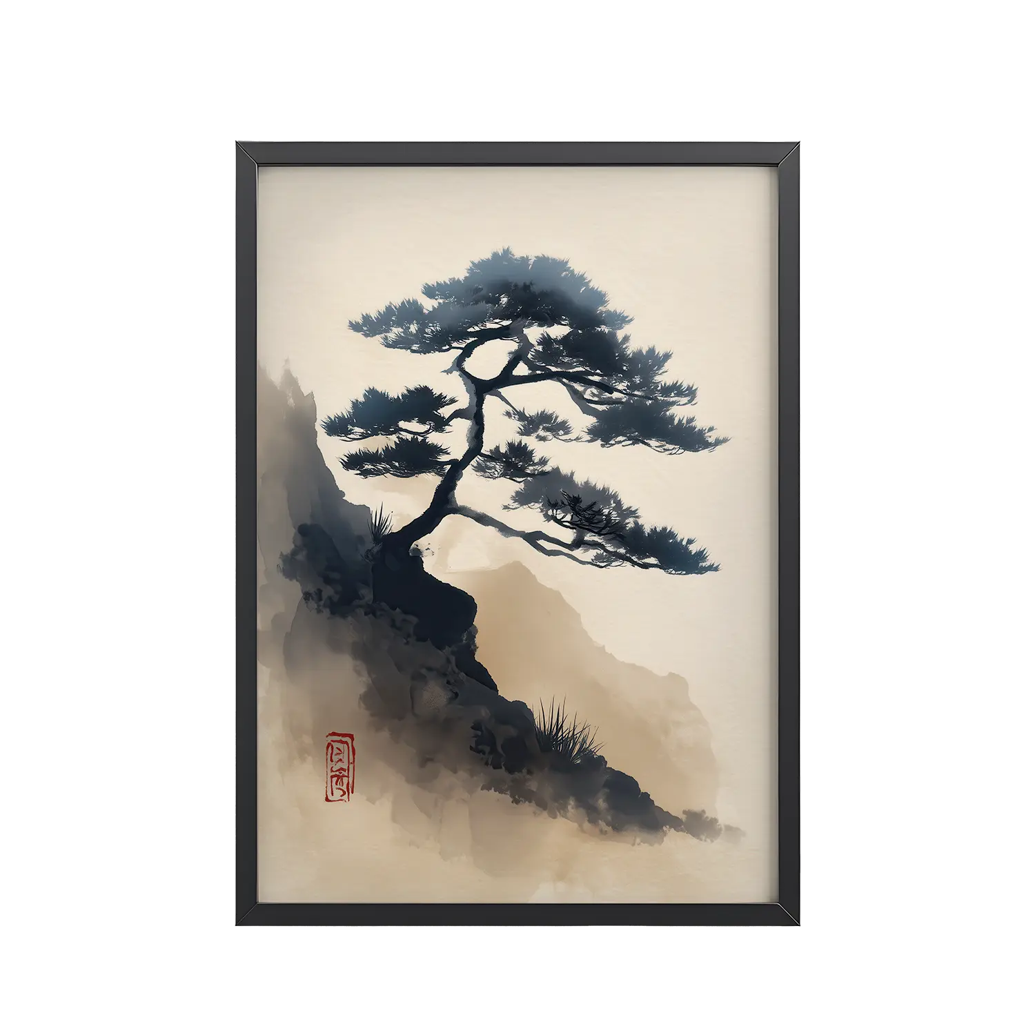 Mountain Pine in Soft Ink — Sumi-e Japanese Landscape Wall Decor — Framed Poster